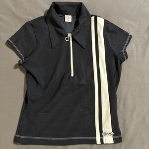 Guess Black-White Striped 1/4 Zip Front Polo Shirt Logo Sz Large Women 90s